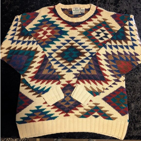 417 By Van Heusen Hand Knit Sz Large Unisex Heavy Knit Sweater Geometric Fall - Picture 1 of 4